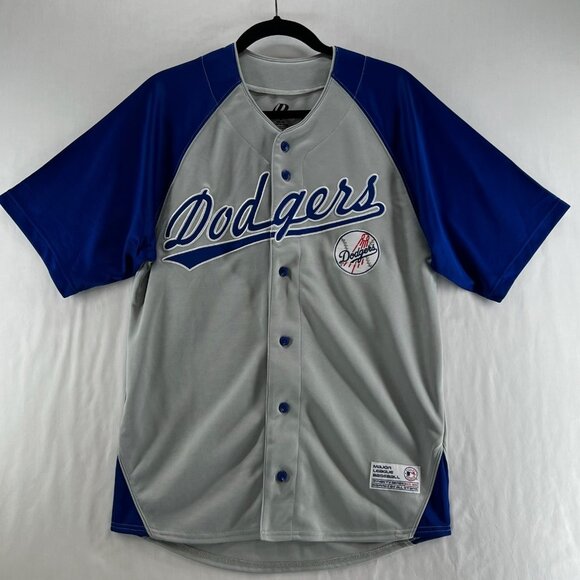 LA Dodgers MLB Jersey Mens M  Dynasty Series Button Stretch Colorblock Blue Gray - Picture 1 of 11
